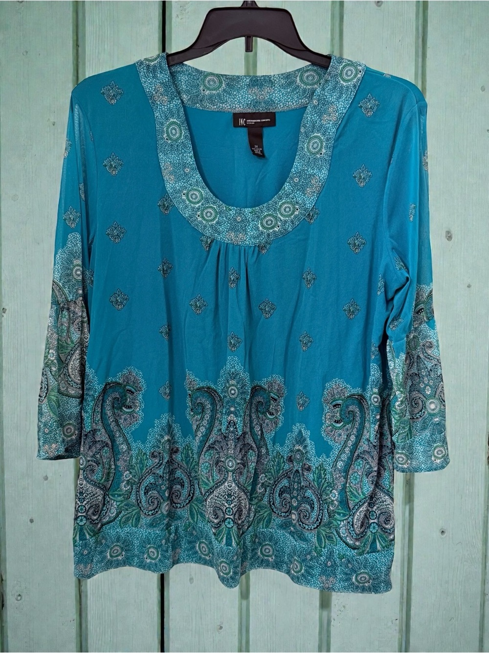 INC International Concepts Teal Paisley Border Scoop Neck Tunic Top